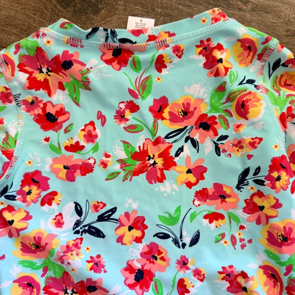 RuffleButts Kids Floral Long Sleeve Rash Guard Swim Top, Mint Green, 5